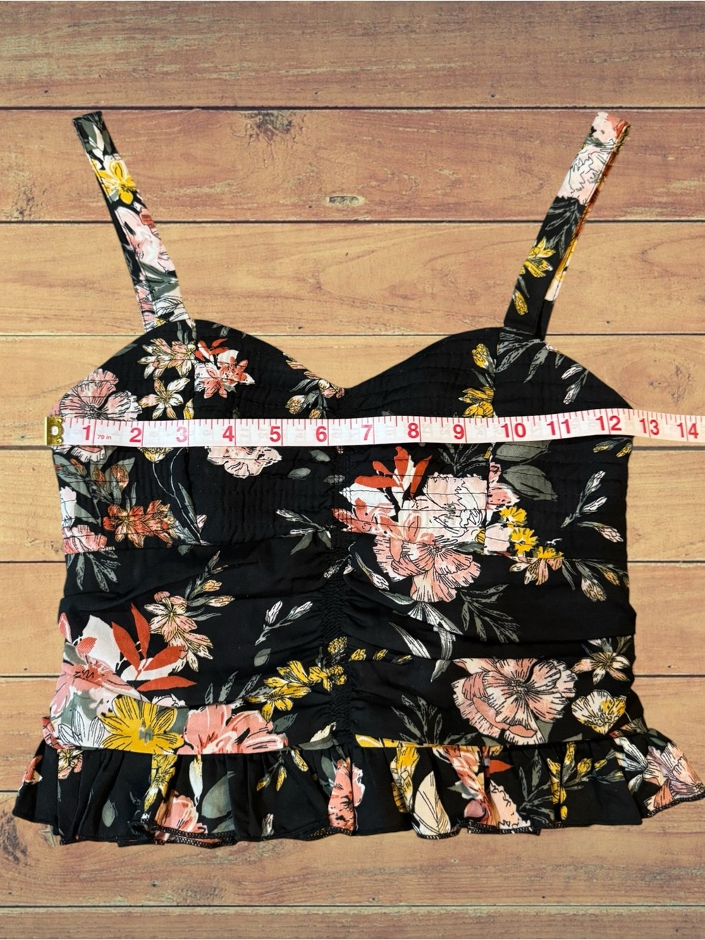 B.O.G. Collective Smocked Floral Ruffle Crop Top Camisole Black Pink XS - Picture 3 of 9